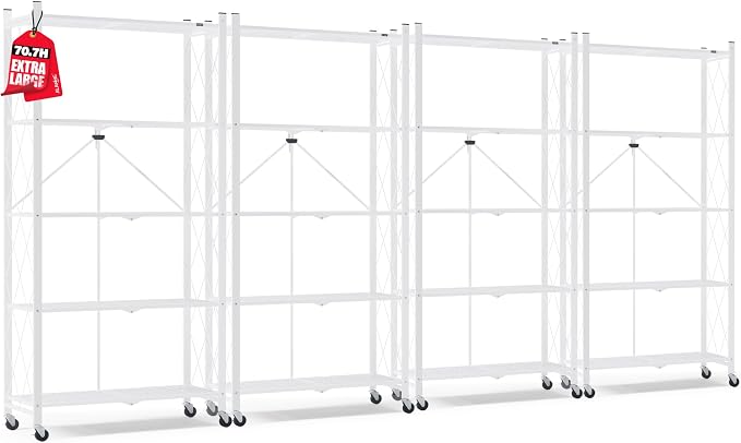 ALANNG 70.7" H Metal Storage Shelves, 5 Tier Folding Shelf on Wheels | Heavy Duty, No Assembly, Rolling, Collapsible Rack Unit for Kitchen, Basement, Pantry (White,4 Pack)