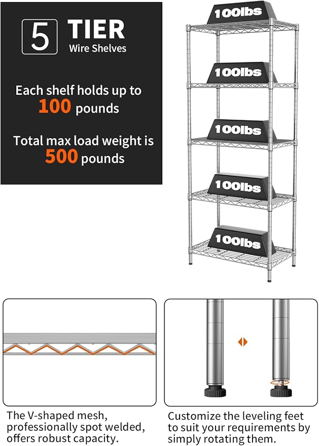 SINGAYE 5 Metal Shelves Wire Shelving Storage Shelf Adjustable Unit Pantry | 5 Tier Kitchen Laundry Room Organization Home Pantry Closet Bathroom Organizers Garage Rack 12" D x 22" W x 59" H Gray