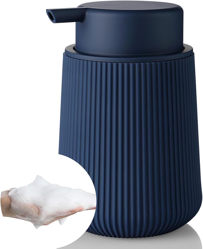 YAUKPH Striped Foaming Hand Soap Dispenser with Leak-Proof Pump for Bathroom and Kitchen Countertop 11oz Navy Blue