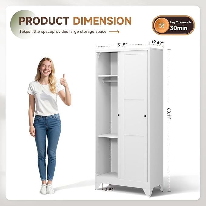Letaya Armoire Wardrobe Closet,20" Deep Armoire Wardrobe Cabinets with Sliding Doors and Shelves,Narrow Slim Coat Closet Cabinet with Hanging Rod for Home (White)