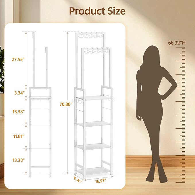 Tall Purse Organizer for Closet: 4-Tier Double Rods Purse Rack Stand,White | With 10 Purse Hanger & 6 Side Hooks, Visible Backpack Handbag Storage, Space-Saving Narrow Purse Shelf for Small Space, Home