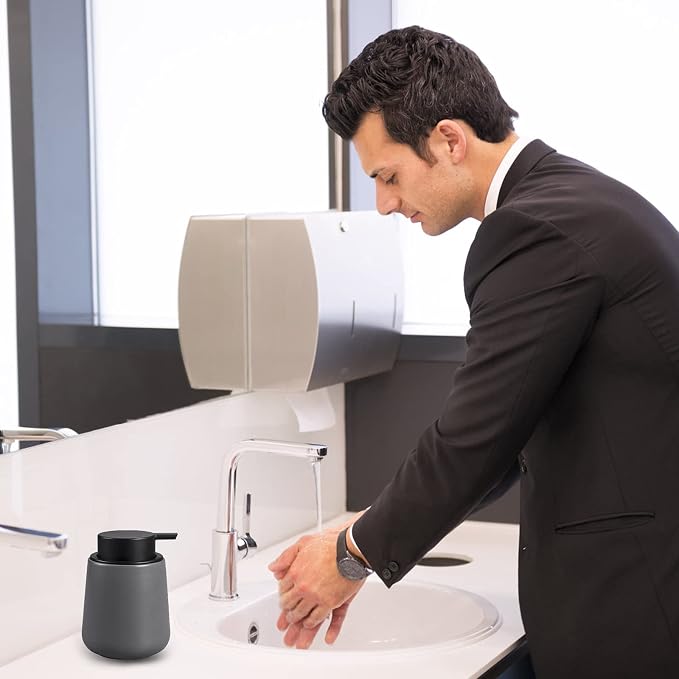 Bosilunlife 12Oz Ceramic Foam Soap Dispenser for Bathroom Kitchen Counter | Premium countertop foam pump creates delicate dense foam, stable desktop placement, Matte Grey