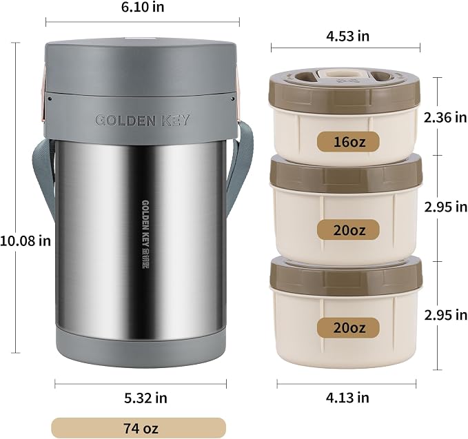 GOLDEN KEY 74 oz Stainless Steel Wide Mouth Large Food Thermo Hot Food Jar | 3 Tier Vacuum Insulated Stackable Hot Food Containers with Keep Thermal Portable,Hot & Cold Food Insulated Food Jars(Silver)