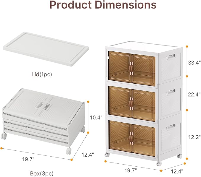 UAMFURI Stackable Storage Bins with Lids, 144QT Closet Organizers, Lockable Storage Cabinet, Foldable Storage Box with Doors and Wheels, Plastic Drawers for Home, Garage, Office (3, White, Medium)