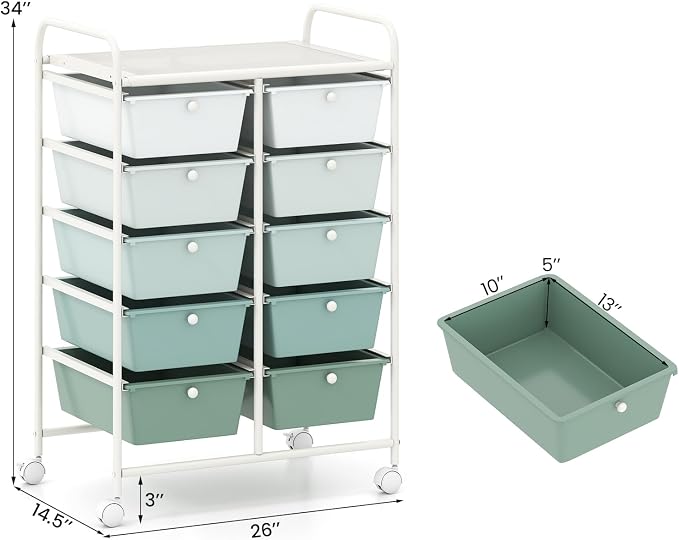 BECOMFORT 10-Drawer Rolling Cart with Drawers, Storage Cart on Wheels, Teacher Classroom Organizers with Metal Frame, Mobile Craft Cart, Trolley Utility Cart for School Office Play Room