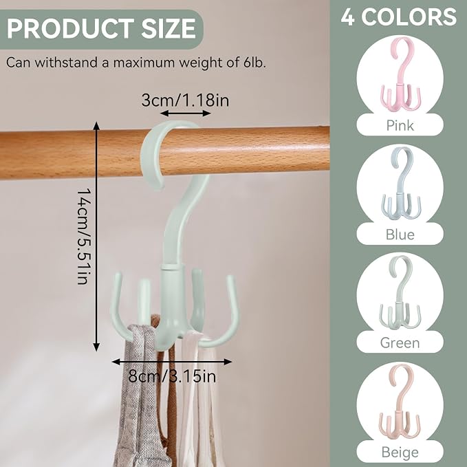2PCS Rotating Handbag Hanger, Scarf Tie Rack Hooks Hoodie Hanger 360 Degree Rotating Closet Organizers with 4 Claws Multifunctional Closet Handbag Hook Scarf Hanging (Green)