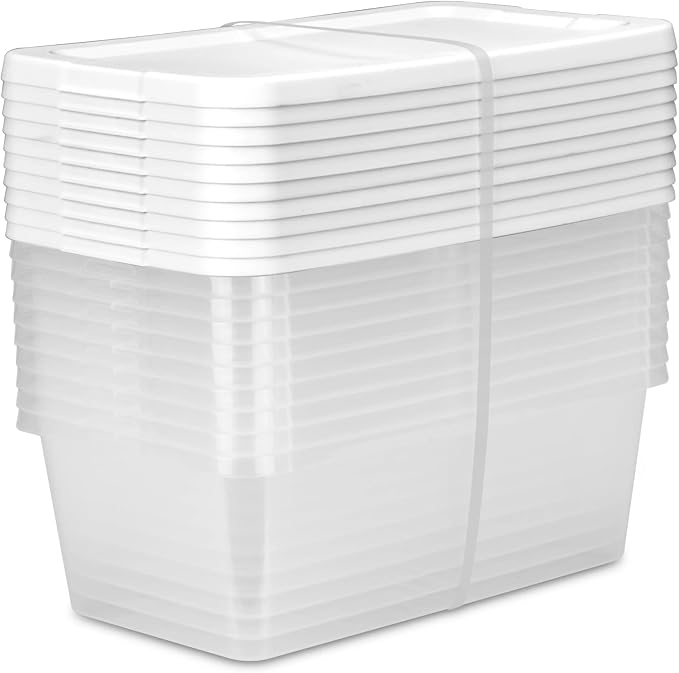 A set of 10 stackable 6-quart clear storage boxes, white snap-on lid plastic storage boxes, modern style, sturdy and durable, suitable for wardrobes and shelves.