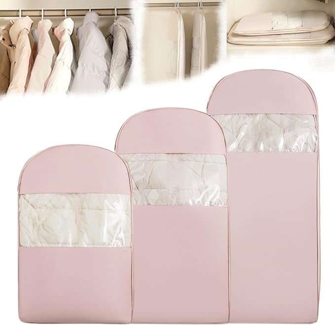 3PCS Space Saving Hanging Garment Bag with Compression Zipper。 | For Closet Storage, Garment Bag for Coats and Down Jackets.(Pink,S+M+L)
