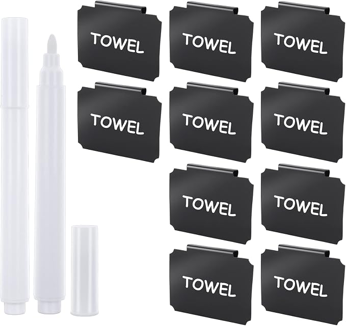 12 Pieces Basket Labels Clip on Set, Include 10 Pieces Kitchen Clip Label Holder Removable Pantry Basket Labels with 2 Pieces White Chalk Marker for Storage Bins Organization Box (Black)