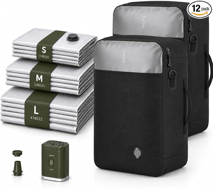 12 Travel Vacuum Bags with Pump for Travel Camping Sports Business TPU&PAPE Space Saver 2 Pack Storage with Portable Air Pump, Compression Packing for Clothes, Luggage, Suitcases - Black 48L