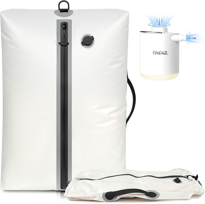 BAGAIL TPU Vacuum Bag for Travel, Reusable Compression Bag with IPX8 Waterproof Zipper, Save Space for Suitcase, Backpack and Carry on (Cream, Large, With Pump)