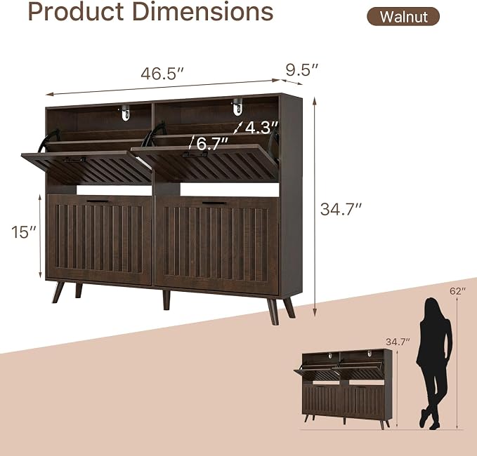 Shoe Storage Cabinet with 4 Flip Drawers, Modern Freestanding Organizer with Adjustable Shelf, Narrow Shoe Rack Cabinet for Entryway, Walnut