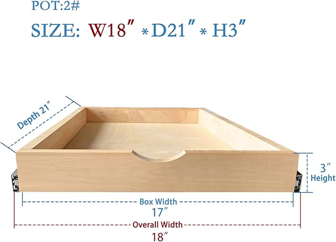 Soft-Closing Drawer, Wood Pull Out Tray Drawer Box Kitchen Cabinet Organizer, Cabinet Slide Out Shelve, Wooden Pull-Out Shelf-Fast and Easy D.I.Y. (18" W×21" D×3" H)