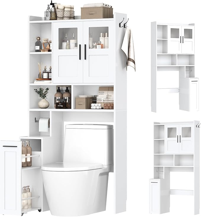 ELYKEN Over The Toilet Storage Cabinet with Pulley Bathroom Storage Cabinet, Home Space-Saving Over Toilet Rack with Glass Doors & Open Adjustable Shelf for Bathroom, Restroom, Laundry, White