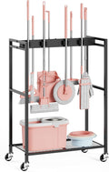 Broom and Mop Holder, MUNNAR Broom Closet Storage Cabinet, Cleaning Cart with Broom and Mop Hanger, Janitorial Cart with Wheels for Household, Laundry Room Organization