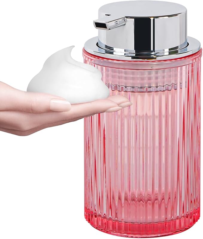 Foaming Soap Dispenser, 12 Oz Pink Glass Foam Hand Soap Dispenser, Refillable Lotion Soap Dispenser with Removable Pump for Kitchen Hand Wash Dispenser, Modern Slim Ribbed Bottle for Decor