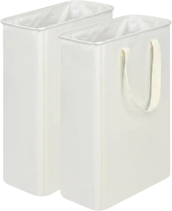 efluky 2 Pack Slim Laundry Basket with Lid, Narrow Laundry Hamper with Handles, Collapsible Dirty Clothes Hamper, Tall Laundry Bin for Laundry Room, Dorm and Bedroom, 50L Beige