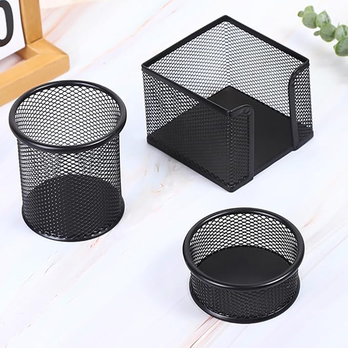 3-Piece Metal Desk Organizers Set, Mesh Pencil Holder with Sticky Note Holder and Paper Clip holder, Stationery Storage for Home, Classroom & Workplace
