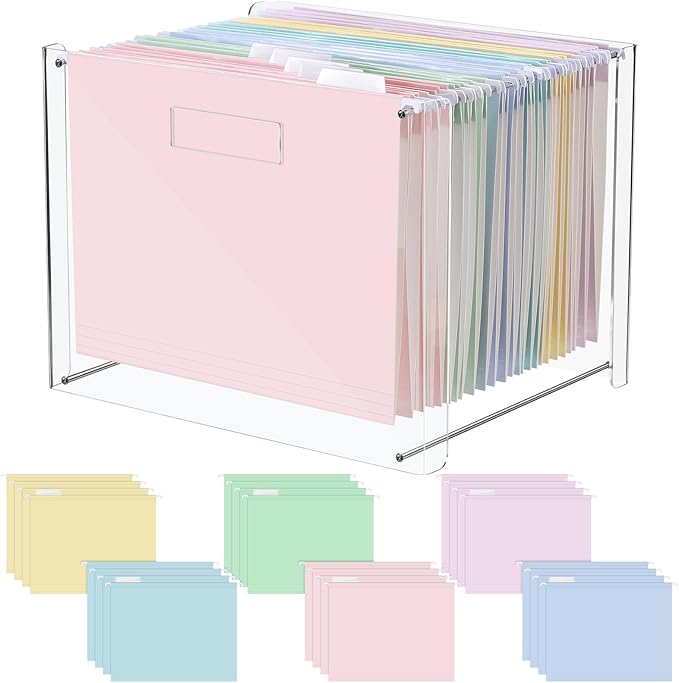 Dispowreath 24 Hanging File Folder with Acrylic Organizer for Letter/a4 Size Desktop Clear File Storage Box with Handles for Home Work Office Use(Macaroon,Classic)