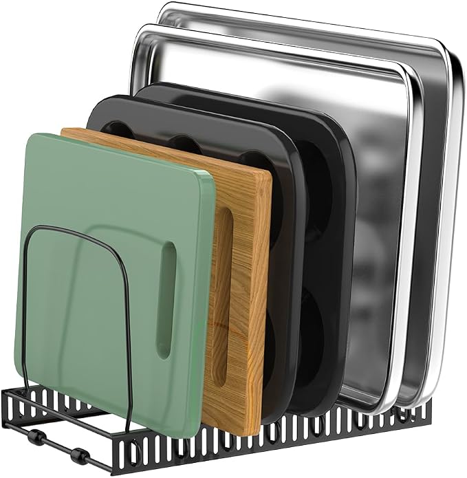 Housolution Cutting Board Organizer Rack, Baking Tray and Cookie Sheet Organizer with 7 Adjustable Dividers, Bakeware Muffin Tin Cupcake Pan Storage Organizer for Cabinet, Black