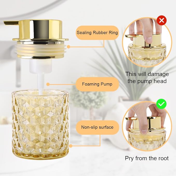 10 Oz Glass Hand Soap Dispenser with Pump, Refillable Bathroom Gold Foaming Soap Dispenser, Vintage Glass Diamond Lotion Container Bottle for Bathroom and Kitchen (2, Amber and Gold)
