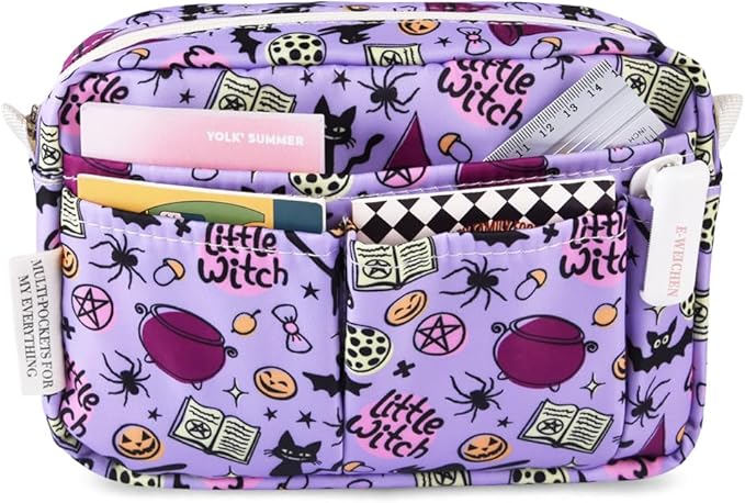E-WEICHEN Multiple Pockets Portfolio Organizer with Zippered, Makeup Bag Travel Essentials for Women, Simple Waterproof Stationery Pencil Pouch Bag for Journal Office Art Supplies.Purple Halloween