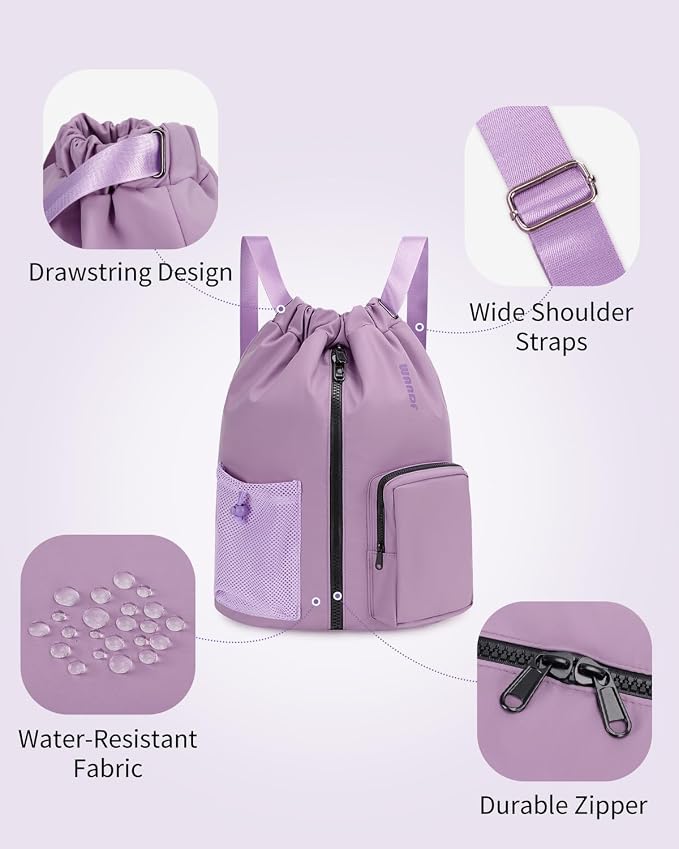 WANDF Drawstring Backpack with Shoe Compartment, Sports Gym Bag | Multi-Pocket Storage, Water-Resistant Fabric, Cinch String Bag