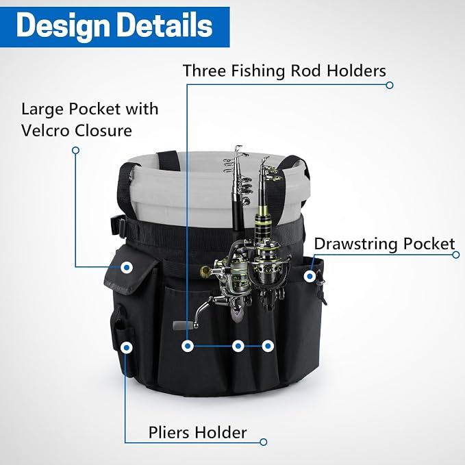 VISEMAN Fishing Bucket Organizer for 5 Gallon Bucket, Waterproof with 3 Rod Holders, Padded Handle, Multi-Pocket Tool Caddy for Ice, Bank, and Sea Fishing