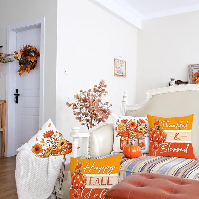 GEEORY Fall Throw Pillow Covers 20x20 Inch Set of 4, Pumpkins Floral Mason Jars Happy Fall Y'all Thankful & Blessed Orange Autumn Seasonal Decorative Farmhouse Decoration for Home G552-20