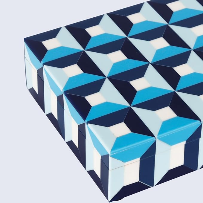 Handicrafts Home Large Blue Decorative Storage Box with Lid– Modern Coffee Table Storage Box, Geometric Resin Inlay Wooden Box, Remote Control Organizer, Keepsake Box for Coastal Decor- 12x6x2