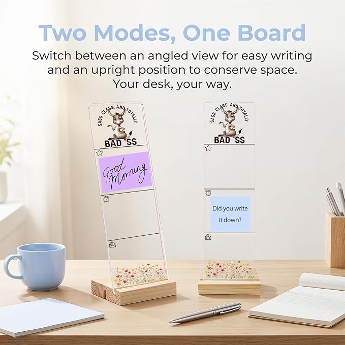Sticky Note Holder, Monitor Memo Board, Acrylic Post It Note Holder with Wooden Base, Includes 200 Notes, Desk Organizer, Funny Donkey Quote “Sass, Class, and Totally Badass”
