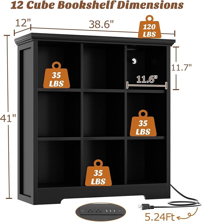 Aheaplus Wooden 9-Cube Storage Organizer with Charging Ports, Modern Cube Bookcase with Base, 4-Tier Floor Standing Open Cubbies Bookshelf, Cubicle Display Shelf for Home and Office, Black