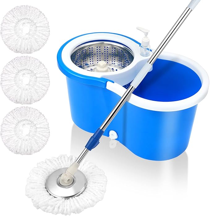 Spin Mop Bucket System, 360 Spin Floor Cleaning Mop Bucket with 3 Microfiber Replacement Head Refills Telescoping Handle for House Cleaning