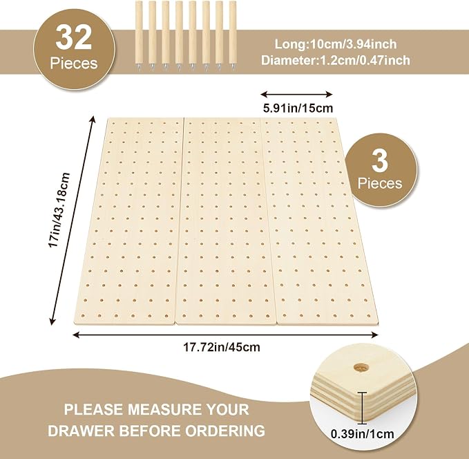 Kigley 3 Pcs Wood Pegboard Drawer Organizer with 32 Pegs Wooden Peg Board Drawer Shelf Organizer Adjustable Peg System for Dishes Plate Pot Container Cookware Utensil Kitchen(Wood,17 x 5.91 in)