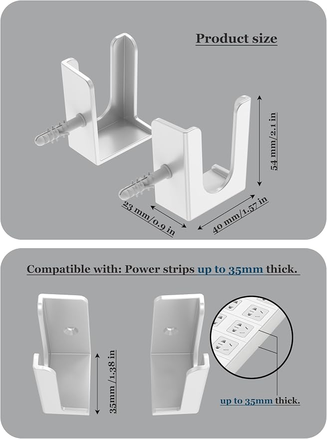 Power Strip Holder, 2 Set Power Strip Wall Mount, (White) | Punch Free Socket Holder Fit for Under Desk, Bedside and More, Fixed by Adhesive or Screw
