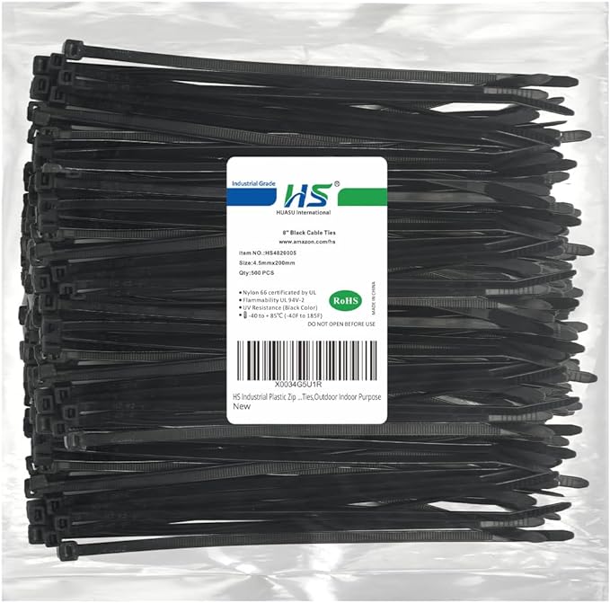 HS Thick Zip Ties 8 Inch x 3/16" (Bulk-500 Count) UV Black Cable Tie | 50 LBS Heavy Duty Self-Locking Strap Zipties for Automotive,Outdoor Fence Purpose