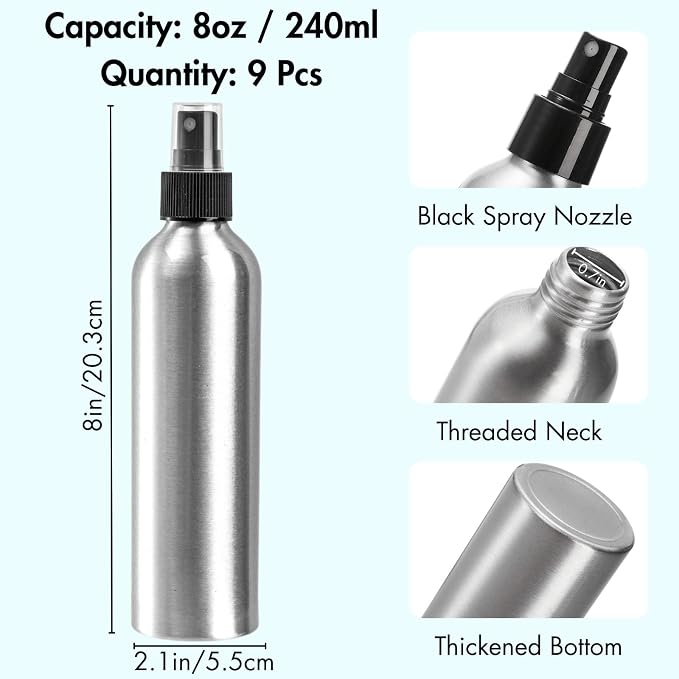 Youeon 9 Pack 8 Oz Aluminum Fine Mist Spray Bottles, Refillable & Leak-Proof Metal Empty Spray Bottle Set for Travel, Perfume, Toner, Essential Oils & Hair-Body Care
