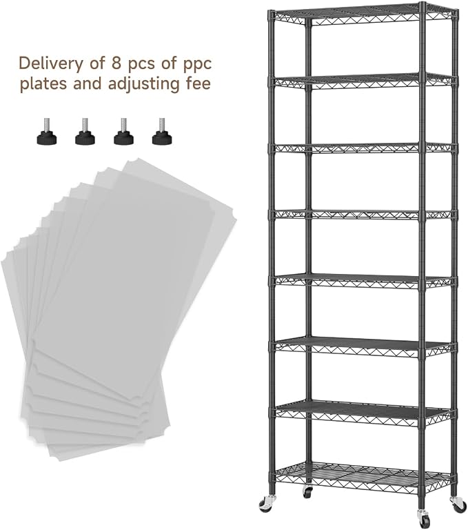 Golpart Shelves Storage Shelf Wire Closet Bathroom Organizers Metal Pantry | 8 tier Kitchen Garage Shelving Unit Laundry Room Organization Home Rack Net Basket Black with Wheels 11.7”D X 22”W X 74.2”H