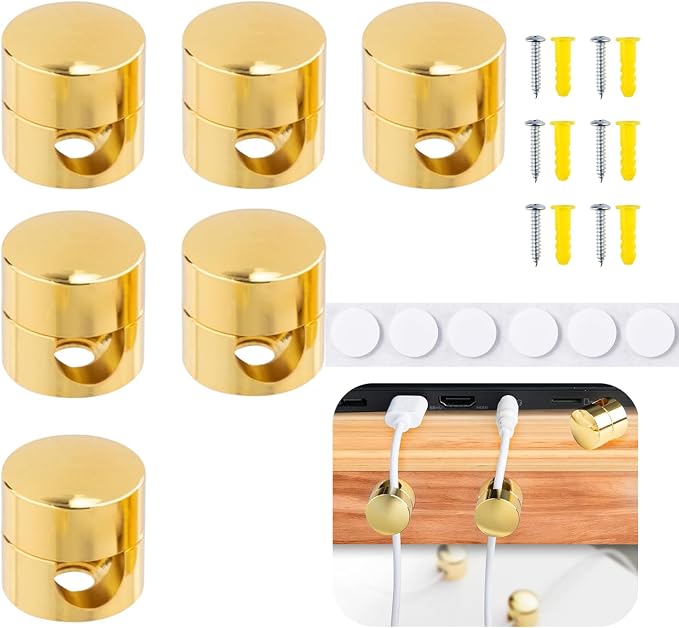 6 Sets Charger Cord Keeper Holder Stick on, Gold Metal Adhesive Cable Management Clips,Adjustable Phone Cable Anchor Holders,Wire Organizer for Desk, Wall, Home, Office, nightstand, Chandelier