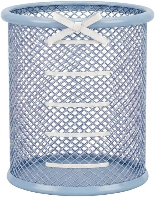Pen Holder for Desk - Cute Ribbon Bow Wire Mesh Pencil Cup, Lace-up Desktop Organizer for Girls & Teens, Decorative Stationery Storage for Home Office (Blue)