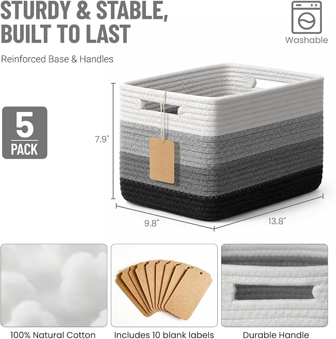 5 Pack Woven Storage Baskets for Shelves Organizing, Decorative Cotton Rope Organization Storage Bins for Socks, Book, Towel, Clothes, Closet, Nursery, Bathroom & Home Decor, Black White Ombre