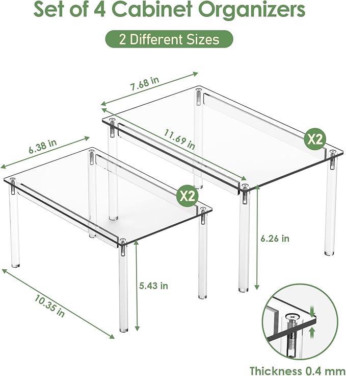 Delamu Clear Kitchen Cabinet Organizer, Set of 4 Acrylic Shelf Organizer for Cupboard Organizers and Storage, Stackable Cabinet Shelf for Plate, Dish, Bowl, Cup & Mug, 11.7" W x 7.7" D x 6.3" H