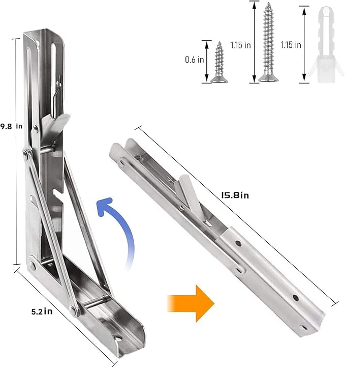Folding Shelf Brackets 10 inch 2 Pcs Max. Load 220lb - Heavy Duty Stainless Steel DIY Wall Mounted Collapsible Shelf Bracket, Space Saving for Garage Workstation, Stuff Supports, Table, Workbench