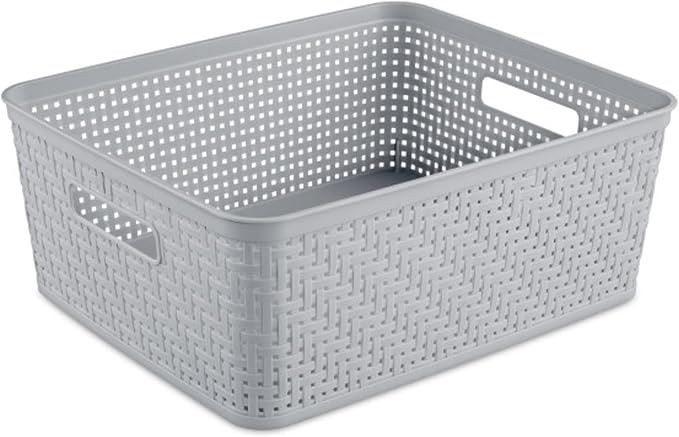 Sterilite 6-Pack Short Basket, Woven Plastic Storage Baskets for Organization, Cement - Organizing Bin Containers with Handles for Bedroom, Bathroom, Dorm, and Closet