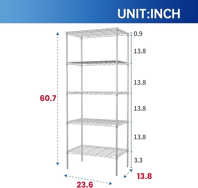 PayLessHere | 5-Tier Wire Shelf | 24"x14"x60" | Chrome | Adjustable Racks | Heavy-Duty Storage Shelves, Holds Upto 750 lbs | Rust-Resistant, No-Tool Assembly | for Home, Garage Shelving
