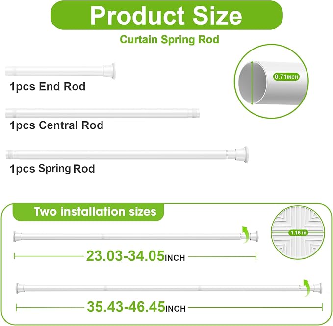 2Pack White Tension Curtain Rods 23-48Inch - Adjustable, No Drilling, Spring Tension Rods for Windows, Doorway, Closet