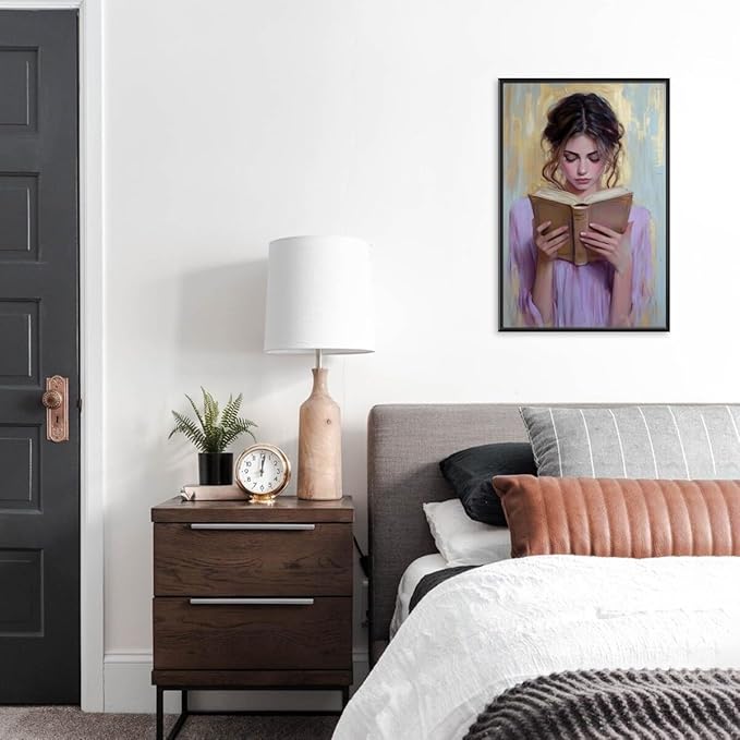 Girl Reading Book Lover Art Aesthetic Poster Canvas Wall Art Decoration Living Room Home Decor Bedroom Decoration Poster black framed8x12inch