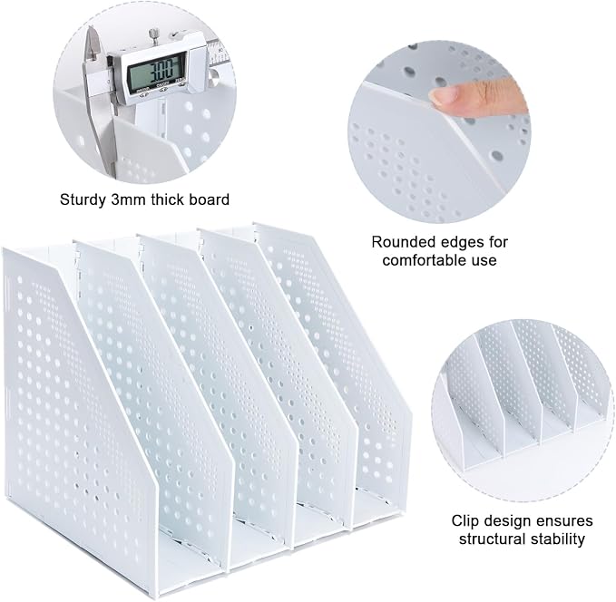 FRETONBA Collapsible Magazine File Holder, 4 Vertical Compartments | Foldable Space-Saving, Sturdy Plastic Binder Holder, Compact for Desk or Shelf, for Office & Home, Easy Access, Light Gray