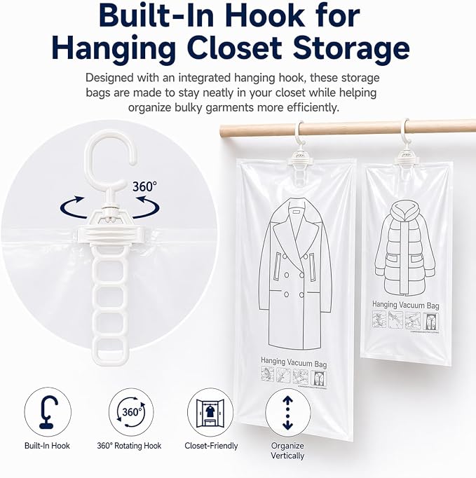 Hanging Vacuum Storage Bags for Clothes, Space Saver Bags for Coats and Winter Jackets, Seal Bags for Clothing, Large Vacuum Bags for Closet Storage, Travel & Seasonal Garment Organization