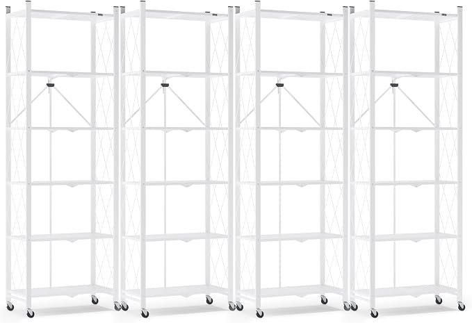 ALANNG 73.6 Inch Folding Bookshelf, 6 Tier Metal Bookcase and Bookshelves | Tall Shelves for Living Room Office Bedroom, Heavy Duty Book Shelve Free Standing Open (White, 4PACK)